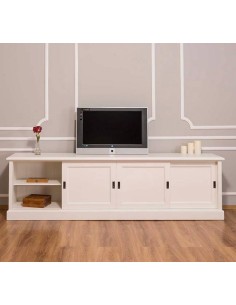 credenza bassa porta tv provenzale sagomato a mano e laccato bicolore in  tonalità bianco patinato e anticato con patina marrone lucidato in legno di  frassino lucidata con prodotti naturali